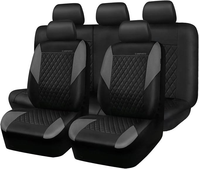 CAR PASS Quilting Leather Seat Covers Full Set,Universal Waterproof Deluxe PU Premium Car Seat Cover with 5mm Composite Sponge Inside,Airbag Compatible,Front and Rear Seat Cover for Sedan SUV Van,Gray by CARPASS