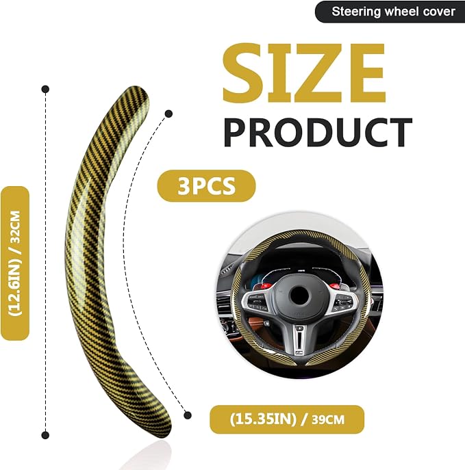 3pcs Universal Carbon Fiber Steering Wheel Cover - Anti-Slip & Segmented Design, Universal 99% Durable Steering Wheel Protector for Men and Women, Car Interior Accessory (Yellow) - Image 2