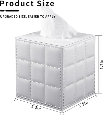 Tissue Box Cover Square,Stylish PU Leather Tissue Box Holder for Dresser Bathroom,Facial Tissue Holder with Magnetic Bottom for Home Office (White) - Image 3