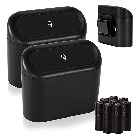 Ginsco 2 Pack Mini Car Trash Can with Lid, Small Car Garbage Can, Cute Leakproof ABS Trash Bin, Cars Accessories for Interior, Garbage Bin for Car, Home, Office with 120pcs Trash Bags Black by Ginsco