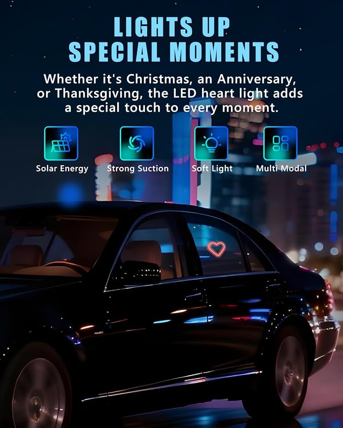 Car LED Ambient Light for Thanksgiving, Car Triangle Window Solar-Powered Heart Shaped Atmosphere Light with 5 Switchable Lighting Modes, Romantic Car Interior & Outdoor Decor (Red, 1pcs) - Image 2