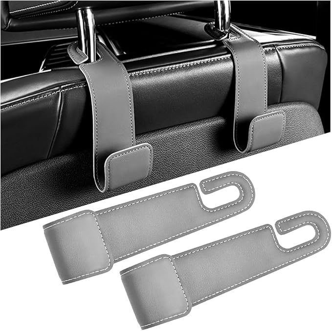 2PCS Car Seat Headrest Hook, Leather Vehicle Seatback Organizer Hanger for Hanging Purses Bags Coats, Auto Seat Back Storage Hook Accessories, Universal for SUV, Sedan, Truck (Gray) by KHGUZ