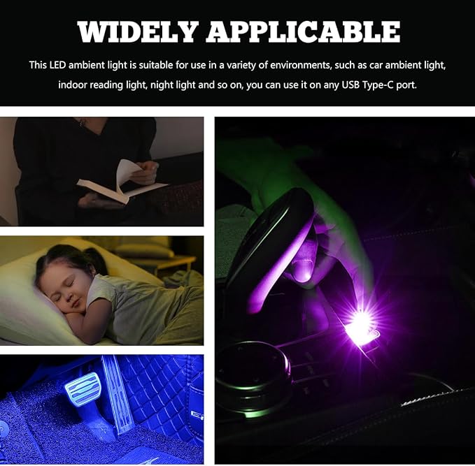 2PCS USB Type C LED Ambient Light, 8 Colors RGB LED Car Atmosphere Lamp with Adjustable Brightness, 5V Plug-in USB Night Lights Interior Decoration for Vehicle Home Office - Image 6