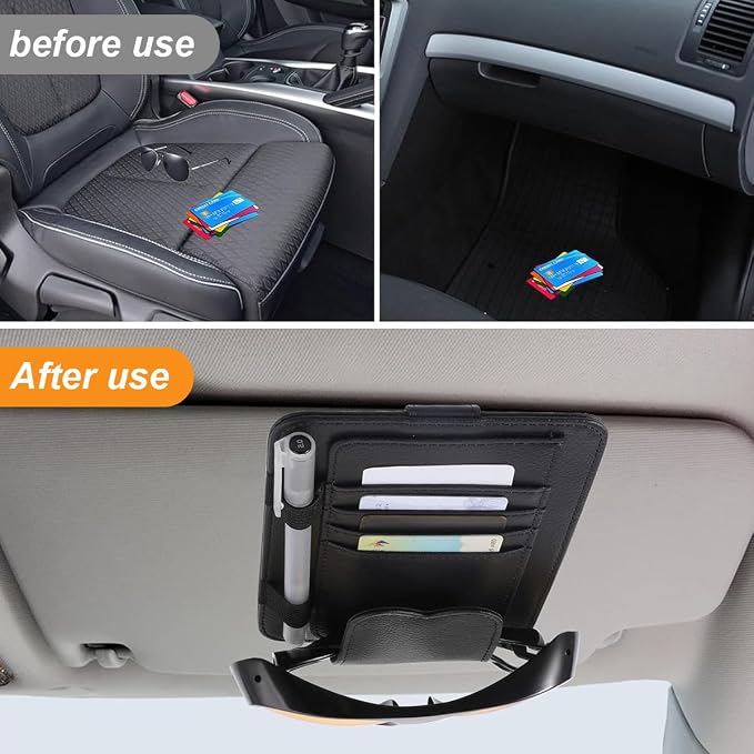 GLSOWEE Leather Car Sun Visor Organizer Clip with Sunglasses Holder, Black | Universal Car Truck Visor Document Holder, Auto Visor Pocket Storage Pouch for Bill Card Registration/Driving License Pen - Image 5