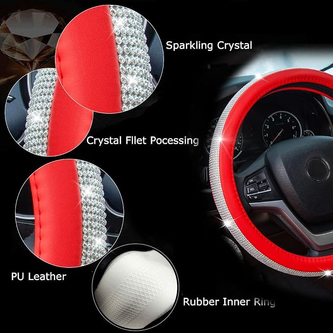 New Diamond Leather Steering Wheel Cover with Bling Crystal Rhinestones | Universal Fit 15 Inch Car Wheel Protector for Women Girls Red - Image 3