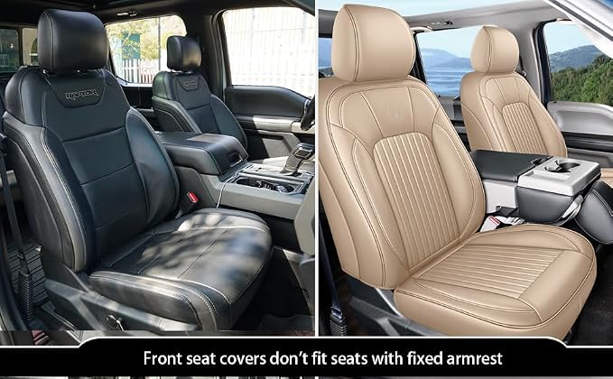 MINGBRON F150 Front Seat Covers, 360° Full Coverage Leather Car Seat Protector Fit for Ford F150 2009-2026&F250 F350 F450 2017-2025 All Cab XL XLT Lariat King Ranch Platinum (Front Pair/Beige) - Image 3