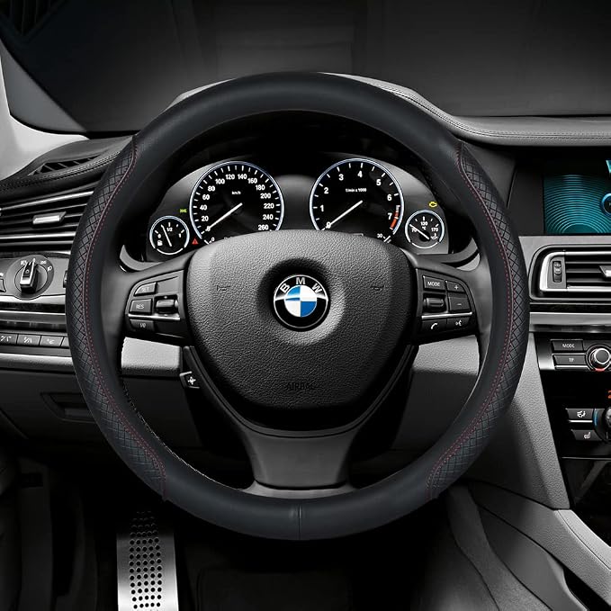 Steering Wheel Cover - Microfiber Leather, Classic Embossing, Anti-Slip Breathable, Fit 15 Inch (Black & Red Line) - Image 3