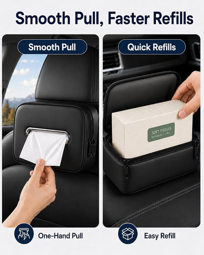 Leather Car Tissue Holder, Extra Large Tissue Holder for Car, Fits 120–230 Count Rectangular Tissue Boxes, Wider Opening for Easy Access, Dual Zipper for Headrest,Console,Seat Back (Black) - Image 5