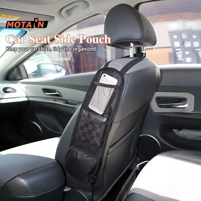 MOTAIN Car Seat Side Pouch, Seat Side Net Storage Hanging Pouch, Multi-pocket Storage for Keys, Phone, Snacks, etc. Fits Any Front Passenger Seat of Cars, Trucks, Mini Vans and SUVs (2) - Image 2