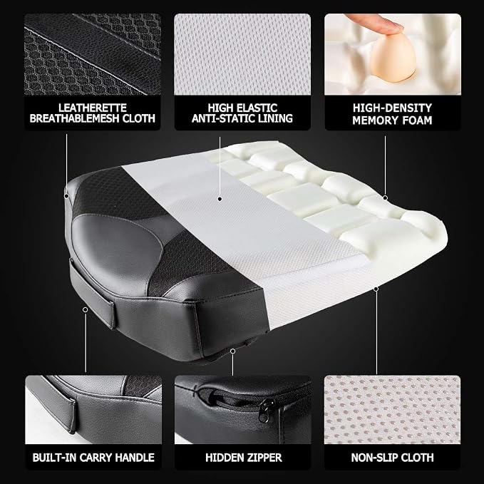 Car Memory Foam Heightening Front Seat Cushion for Short People Driving, Hip(Coccyx/Tailbone) and Lower Back Pain Relief Butt Pillows, Adult Booster Seat for Car. (Black) - Image 5