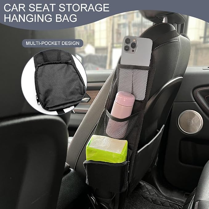 2PCS Car Seat Side Organizer, Multi-Pocket Auto Seat Storage Hanging Bag with Mesh Net Pocket, Can Hold Mobile Phone Wallet Glasses for SUV Truck, Black - Image 4