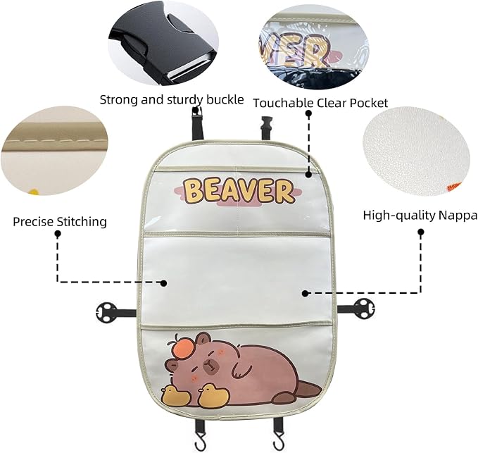 kids Leather Car Backseat Organizer with Foldable Table Tray, Car Storage Organizer with Tablet Holder, Car Seat Back Protectors Kick Mats, Travel Accessories (Capybara) - Image 4