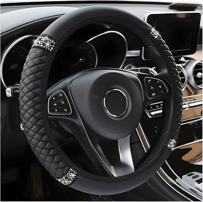Osilly 15 Inch Rhinestone Leather Steering Wheel Cover, Black | breathable non-slip surface, flexible ringless design, hand-stretch setup, fits matching rim sizes, automotive accessories by Osilly