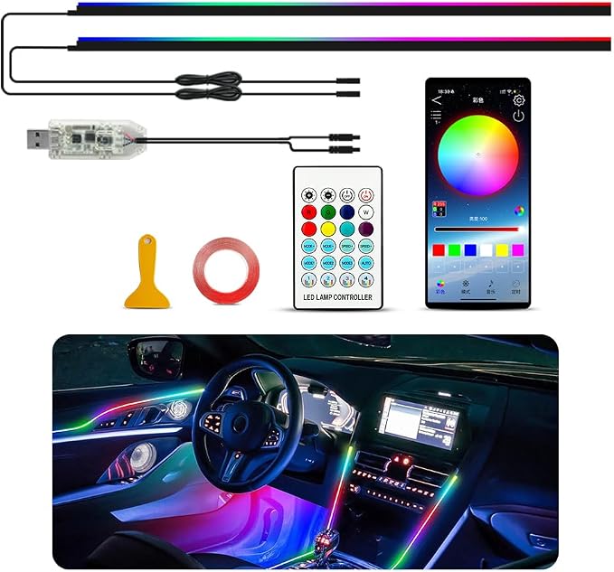 Ambient Lighting Car led Lights Interior, 43.3'' USB Powered Acrylic Neon Flexible Strip Model y Ambient Lighting kit with Remote APP,Dynamic RGB 2 in 1 Music Lights Sync for Inside car Decorations by Unknown