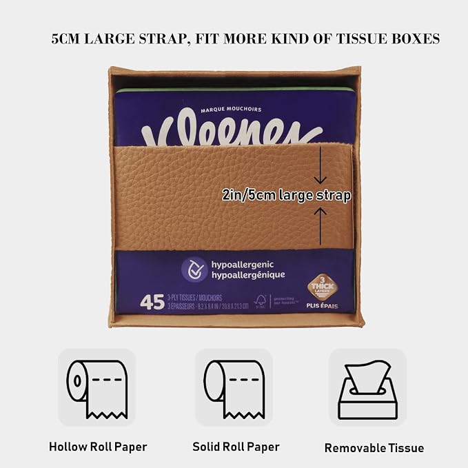 Tissue Box Cover Holder Square Tissue Cube Cover PU Leather Tissue Organizer with Bottom Belt for Bathroom, Tabletop, Car, Night Stands, Office, Home, Kitchen (1, Brown) - Image 3