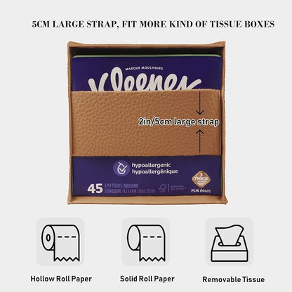 Tissue Box Cover Holder Square Tissue Cube Cover PU Leather Tissue Organizer with Bottom Belt for Bathroom, Tabletop, Car, Night Stands, Office, Home, Kitchen (2, Brown) - Image 3