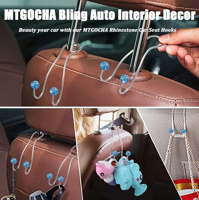 Bling Purse Hook for Car Headrest, Cute Car Seat Hooks (2Pack) | Upgraded,Durable Stainless,Car Purse Hanger,Purse holder,Rhinestones,Bag Hooks,Car Hooks for Purses and Bags Cute,Light Blue - Image 7