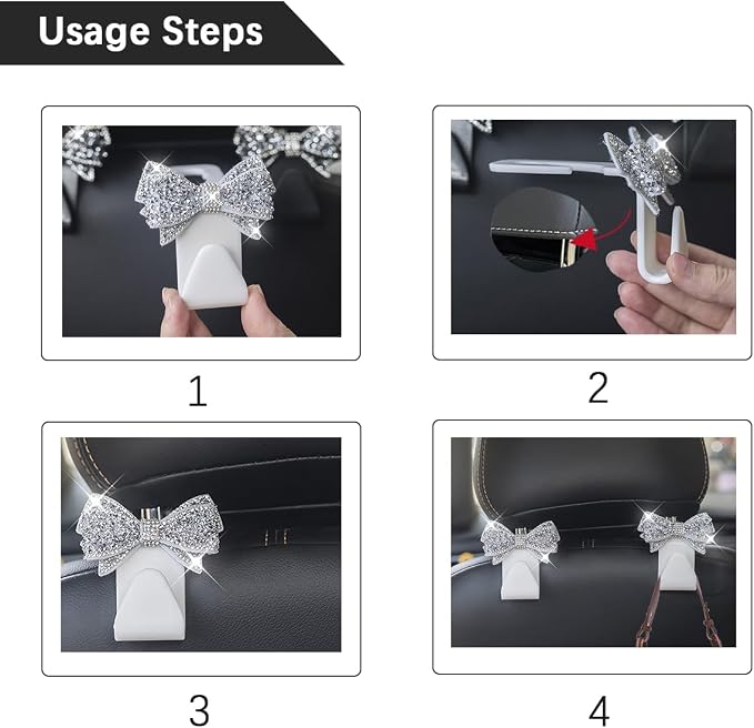 Zpana Bling Car Headreat Hook, 2PCS Crystal Rhinestone Cute Bow Vehicle Seat Back Hanger Storage for Purses Bags Grocery, Diamond Auto Rear Seat Organizer, Universal for SUV Truck Sedan (Blue) | PVC construction, rhinestone bow design, compact rear sea... - Image 4