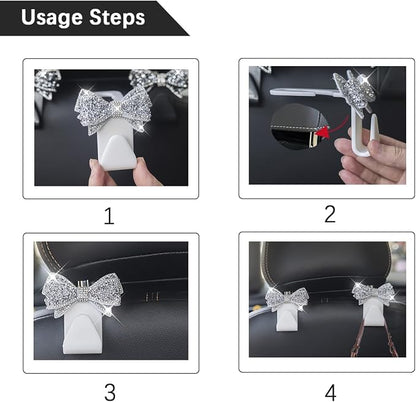 Zpana Bling Car Headreat Hook, 2PCS Crystal Rhinestone Cute Bow Vehicle Seat Back Hanger Storage for Purses Bags Grocery, Diamond Auto Rear Seat Organizer, Universal for SUV Truck Sedan (Blue) | PVC construction, rhinestone bow design, compact rear sea... - Image 4