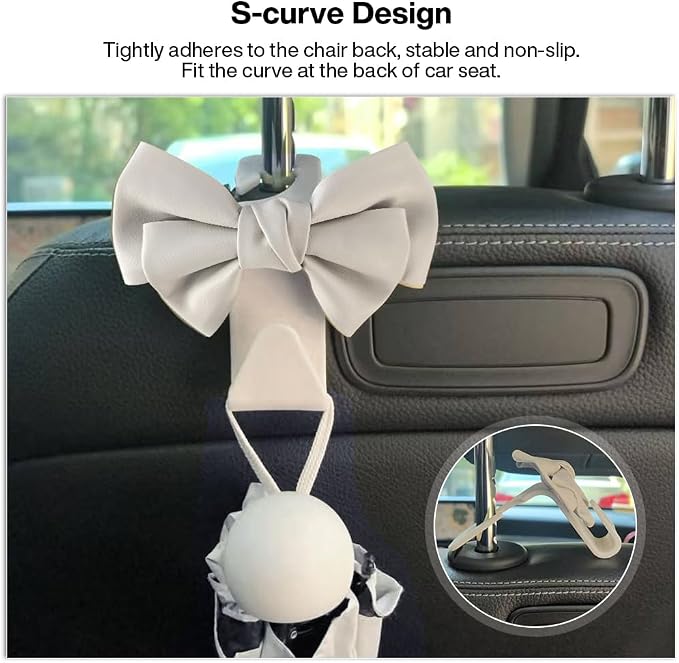 2-Pack Car Seat Headrest Hooks, Handbag Hangers, White leather | Storage organizer for handbags, clothes, coats and grocery bags; practical interior accessory for most cars and SUVs - Image 2