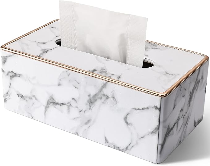 Tissue Box Cover Rectangular, PU Leather Tissue Box Holder for Kleenex, Napkin, Rectangle Tissue Box Covers, Tissue Holder for Bathroom Car Home Decorative 9.84"X5.23"X3.77" - Phnom Penh Marble by GORESE