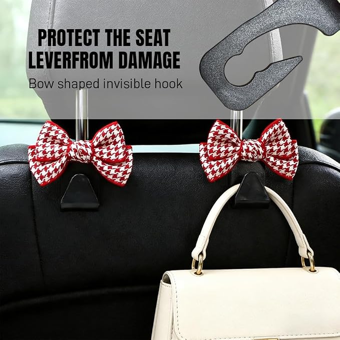 2PCS Car Seat Headrest Hooks, Car Purse Hook, Cute Bow Knot Vehicle Seatback Hanging Storage Organizer, Auto Seatback Decor Organizer Hanger for SUV Truck (Small Houndstooth/Red) - Image 5