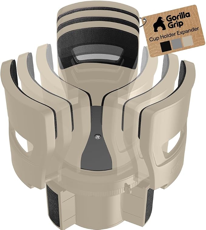 GORILLA GRIP Patent Pending Adjustable Car Cup Holder Expander, Keeps Water Bottle Secure, Expands to Fit 18 to 48 oz Large Bottles, Yeti, Owala, Stanley with Handle, Coffee Mug Insert for Cars, Tan by Unknown