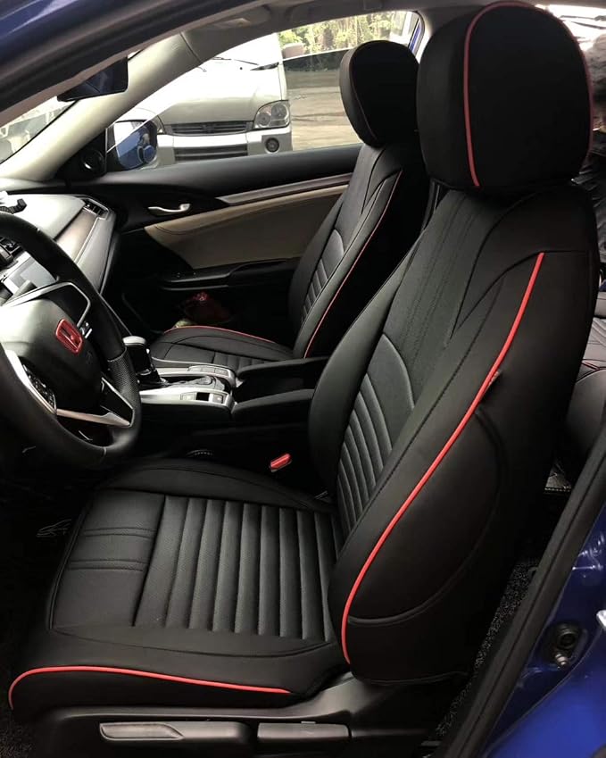 EKR Civic Seat Covers Custom Fit for Honda Civic (Sedan) 2016 2017 2018 2019 2020 2021 LX(Rear One Piece No Armrest),Waterproof Leather Car Seat Cover Full Set,Faux Leather(Black with Red Trim) by EKR