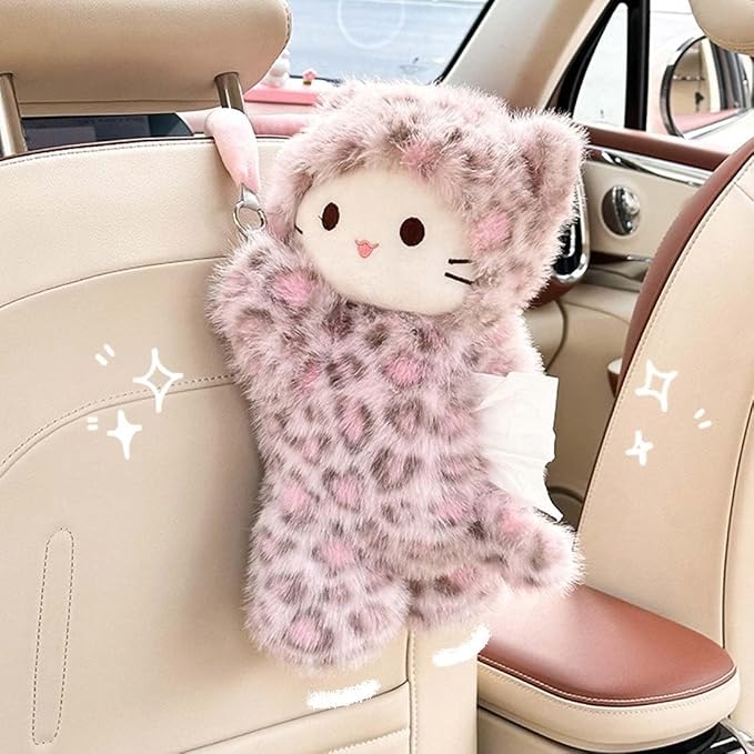 Tissue Box Cover Plush Tissue Box Holder for Car, Home, Decorative Holder/Organizer for Bathroom Vanity Countertop, Nightstands, Office Desk-Pink Leopard Cat - Image 7