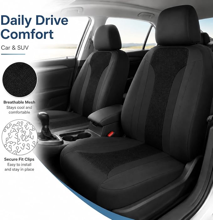 4 PCS Cooling Car Seat Covers, Breathable Auto Driver Seats Protective Cover with Hooks, Comfortable Anti-Slip Front Seats Cover Interior Accessories for Car Truck SUV (Black) - Image 5