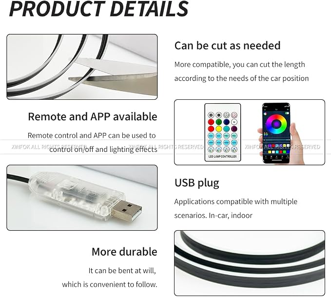 Ambient Lighting Car led Lights Interior, 43.3'' USB Powered Acrylic Neon Flexible Strip Model y Ambient Lighting kit with Remote APP,Dynamic RGB 2 in 1 Music Lights Sync for Inside car Decorations - Image 2