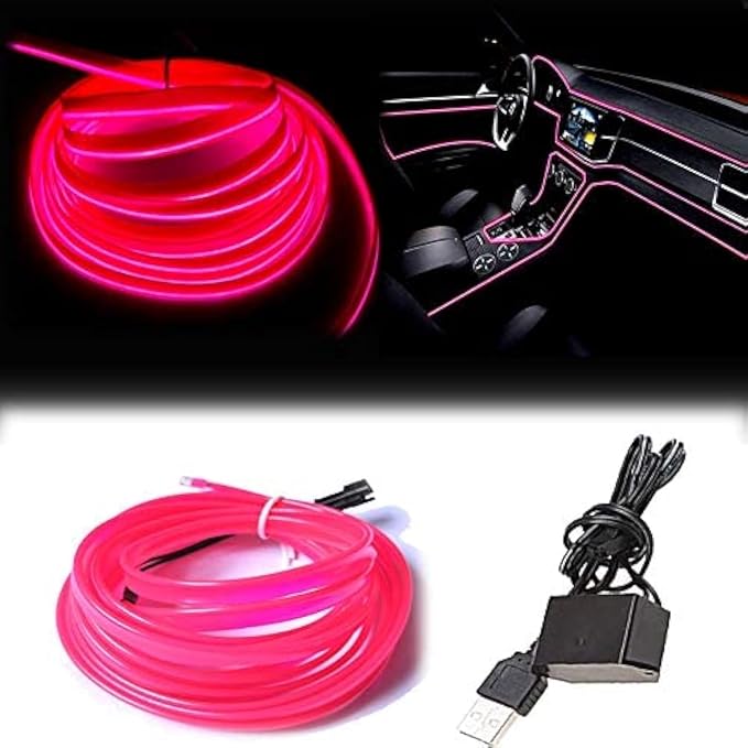 El Wire Pink Interior Car LED Strip Lights, 3M Neon Wire USB 5V with Fuse Protection for Automotive Interior Decoration, with 6mm Sewing Edge by Maxlaxer