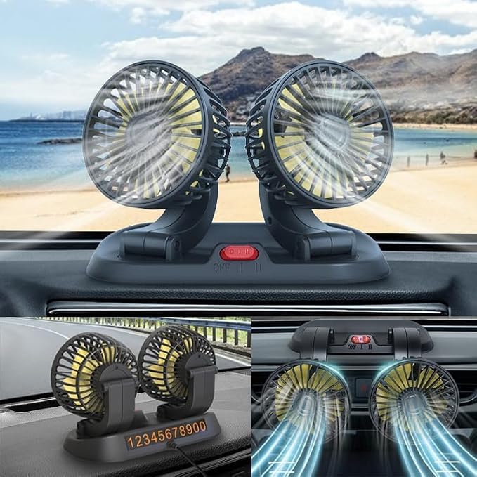 Portable 2-Head Car Cooling Fan, 12V Cigarette Lighter Plug Dashboard Fan for Vehicles Cars Trucks SUV, 360° Adjustable Heads Strong Airflow (No Battery) - Image 7