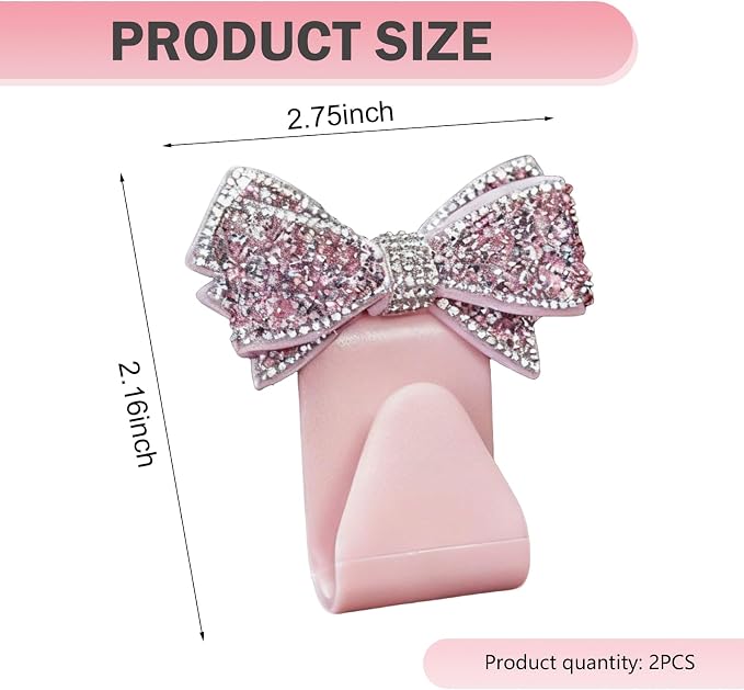 2 PCS Bling Bow Purse Hook for Car, Cute Seat Headrest Hooks, Automotive Interior Decoration Accessories, Universal for Most Cars, Trucks, SUVs (Pink) - Image 2