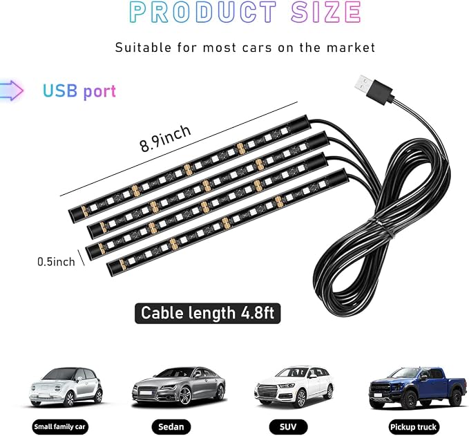 Ohleats Car LED Strip Light, 48 LED RGB Auto Interior Atmosphere Lights, Cigarette Lighter Under Dash Ambient Night Light, Interior Lamp Lighting Kit (Blue, USB) - Image 2