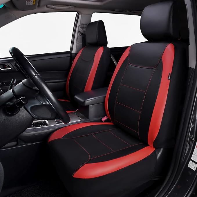 Flying Banner car seat Covers Protects Water Proof Faux Leather Carbon Fiber Front and Rear Bench (Red Black, Full Set - 9PCS) - Image 2