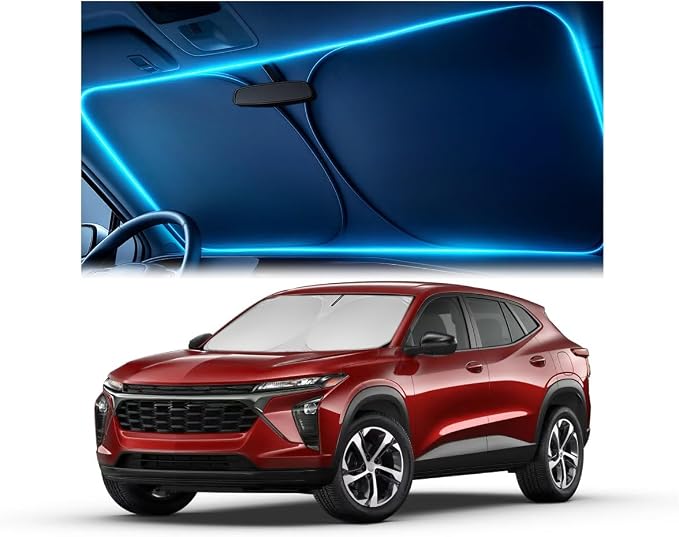 Windshield Sun Shade for Chevrolet Trax 2024 2025 2026 – Custom Fit Sun Shield with Mirror Cut‑Out, Blocks Heat & UV, Foldable with Storage Pouch - Chevrolet Trax Windshield Sunshade by Autopect