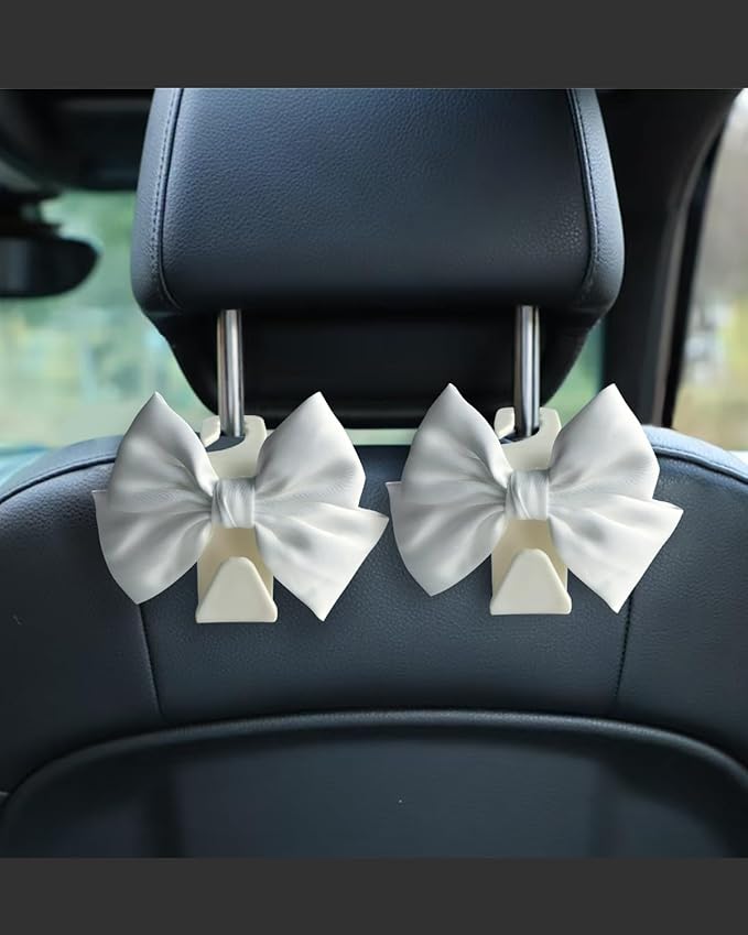2 Pack Car Purse Hooks, Headrest Hooks for Cars, White silk | Car Bag Hanger for Groceries, Coats, Umbrellas and Daily Essentials, Bow-Shaped Car Interior Organizer for Handbags and Bags by Unknown