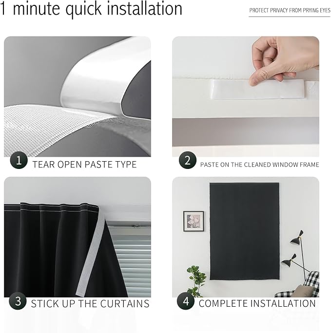 Adhesive Blackout Curtains- Self Stick Curtain No Rod Needed Easy to Hang Curtain, Use for Bedroom, Living Room, Dining Room, Kitchen, 59" W X 96" L, Black, 1 Panel - Image 5