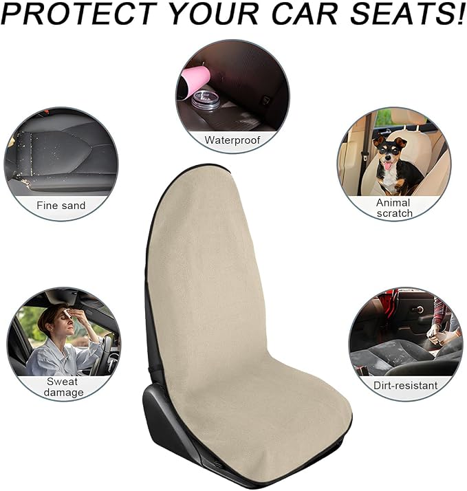 DXNQ 2PCS Car Towel Seat Cover, Waterproof Sweating Non-Slip Premium Soft Towel Carseat Protector, Universal Machine Washable Car Truck SUV Front Seat Cover for Gym Workout Beach Hiking (Beige) - Image 6