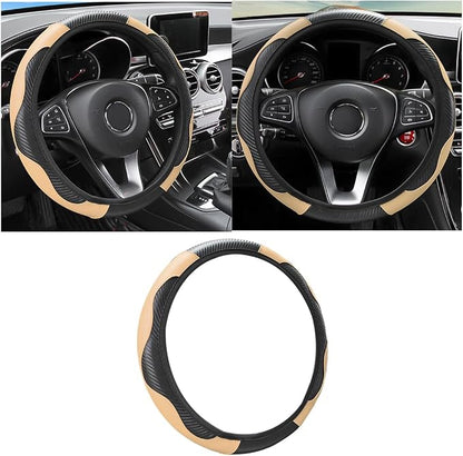 Osilly 15 Inch Carbon Fiber PU Leather Steering Wheel Cover, Black/Beige | full-wrap protective surface, flexible ringless design, hand-stretch setup, fits matching rim sizes, automotive accessories by Osilly