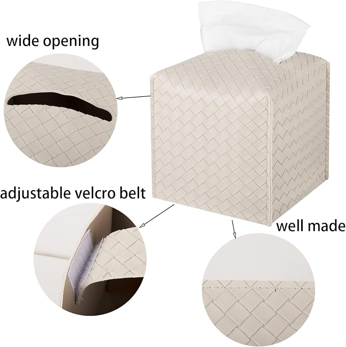 Tissue Box Cover PU Leather Tissue Holder Square Facial Tissue Case Facial Paper Organizer Dispenser for Bathroom, Vanity Countertop, Tabletop, Car, Griege (Pack of 2) - Image 5