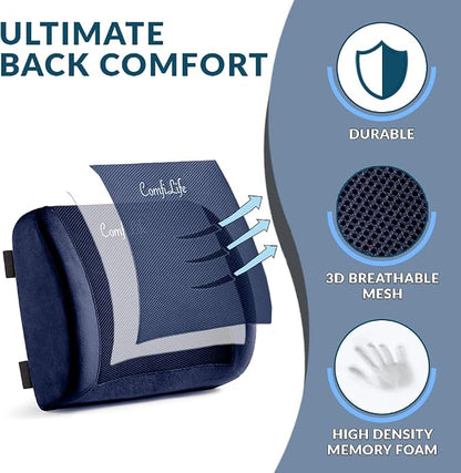ComfiLife Lumbar Support Back Pillow Office Chair and Car Seat Cushion - Memory Foam with Adjustable Strap and Breathable 3D Mesh (Navy) - Image 2
