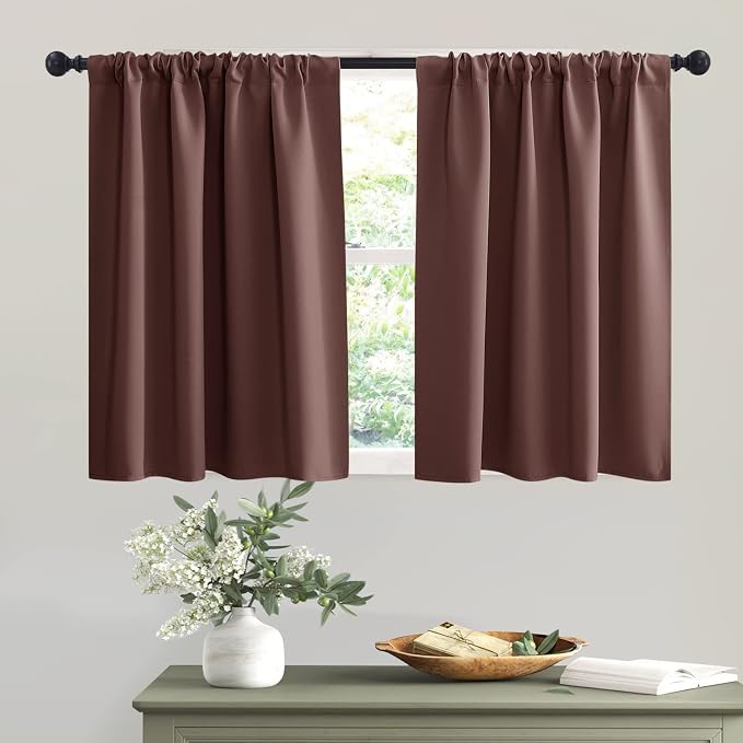 RYB HOME Basement Bathroom Kitchen Cafe Blackout Privacy Window Curtains | Thermal Insulated,Light UV Heat Blocking,Privacy,Short Curtain Tiers for Laundry Room,W34 x L30,Chocolate Brown,2 Panels by RYBHOME