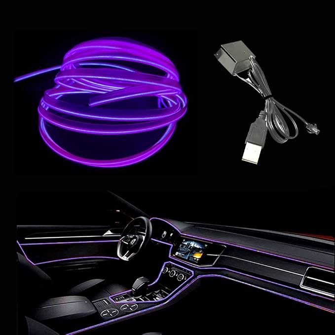 El Wire Purple Interior Car LED Strip Lights, 5M Neon Wire USB 5V with Fuse Protection for Automotive Interior Decoration, with 6mm Sewing Edge by Maxlaxer