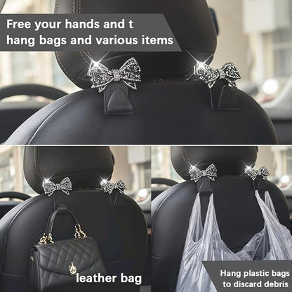 Zpana Bling Car Headreat Hook, 2PCS Crystal Rhinestone Cute Bow Vehicle Seat Back Hanger Storage for Purses Bags Grocery, Diamond Auto Rear Seat Organizer, Universal for SUV Truck Sedan (Black) | PVC construction, rhinestone bow design, compact rear se... - Image 4