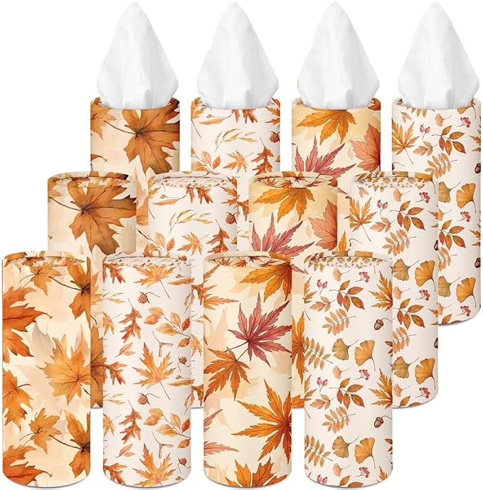 Arttown Car Tissue Holder for Cup Holder Facial Tissues 12 Pack Fall Maple | Foliage Bulk 3-Ply,Refillable Marble Print Cylinder Tissue Boxes,Fit Car Home Office School (600 Sheets Total,50 Sheets Each) by Arttown