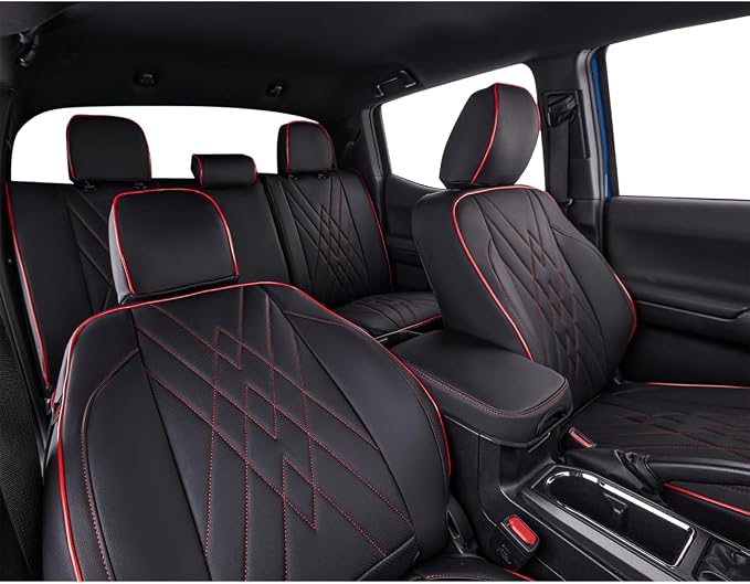 EKR Custom Fit Tacoma Rear Car Seat Covers for Toyota Tacoma 2016 2017 2018 2019 2020 2021 2022 2023 Access Cab - Second Row Only,Faux Leather(Black with Red Trim) - Image 6