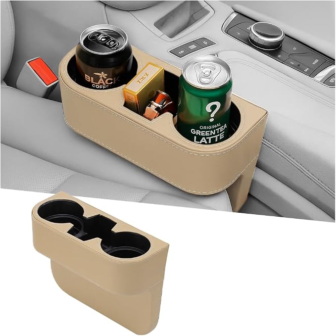 Car Seat Gap Filler Organizer with Cup Holder, Leather Multifunctional Vehicle Front Seat Crevice Storage Box Bag, Automotive Console Side Bucket Pocket, Universal Fit (Beige) by Ywdiml