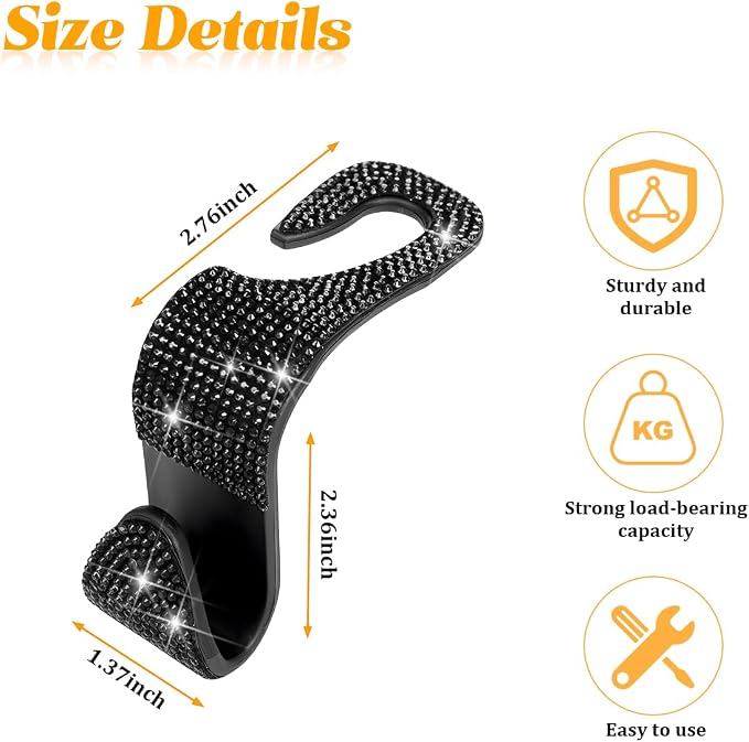 HZEL 4PCS Crystal Rhinestone Vehicle Headrest Hooks for Bags, Black | plastic and rhinestone build, snap-on headrest mounting, holds bags and umbrellas, uses seatback space, fits vehicles - Image 2